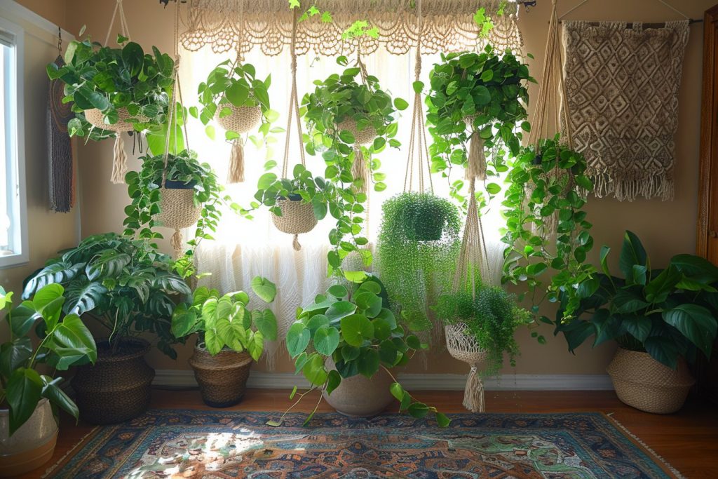 Harmonie végétale : marier des portes-plantes et des textures naturelles dans un style bohème
