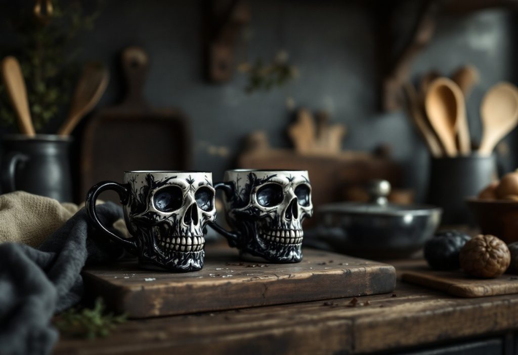 Cuisine gothic chic : sublimez vos étagères avec des mugs tête de mort