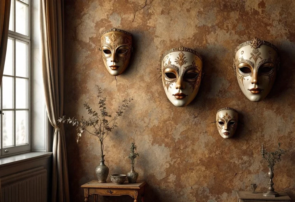 Un mur, une légende : l’impact visuel des masques vénitiens masculins dans un intérieur classique