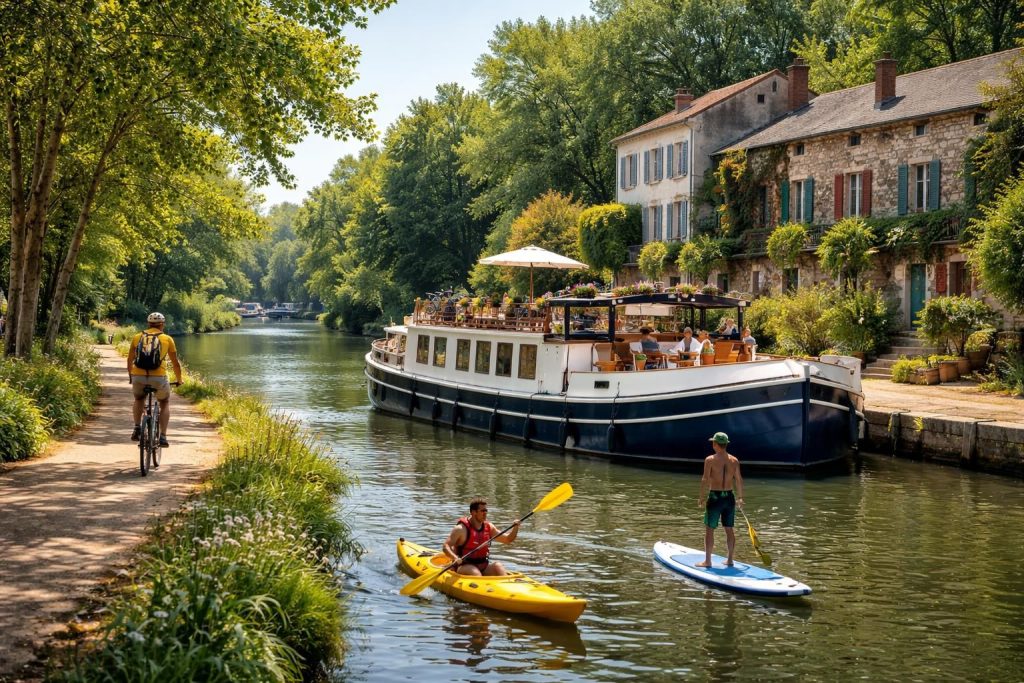 Croisière sportive en péniche avec kayak, paddle et vélo le long des canaux français