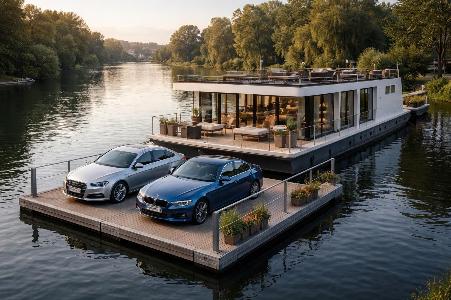 louez une péniche confortable et pratique tout en gardant votre audi a4 ou bmw série 3 en sécurité à quai. profitez d'une navigation paisible sans soucis de stationnement pour votre voiture.