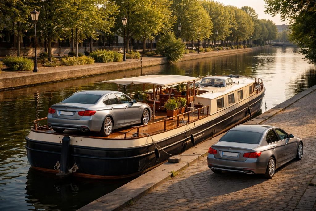 Louer une péniche pour naviguer avec votre voiture Audi A4 ou BMW Série 3 garée à quai