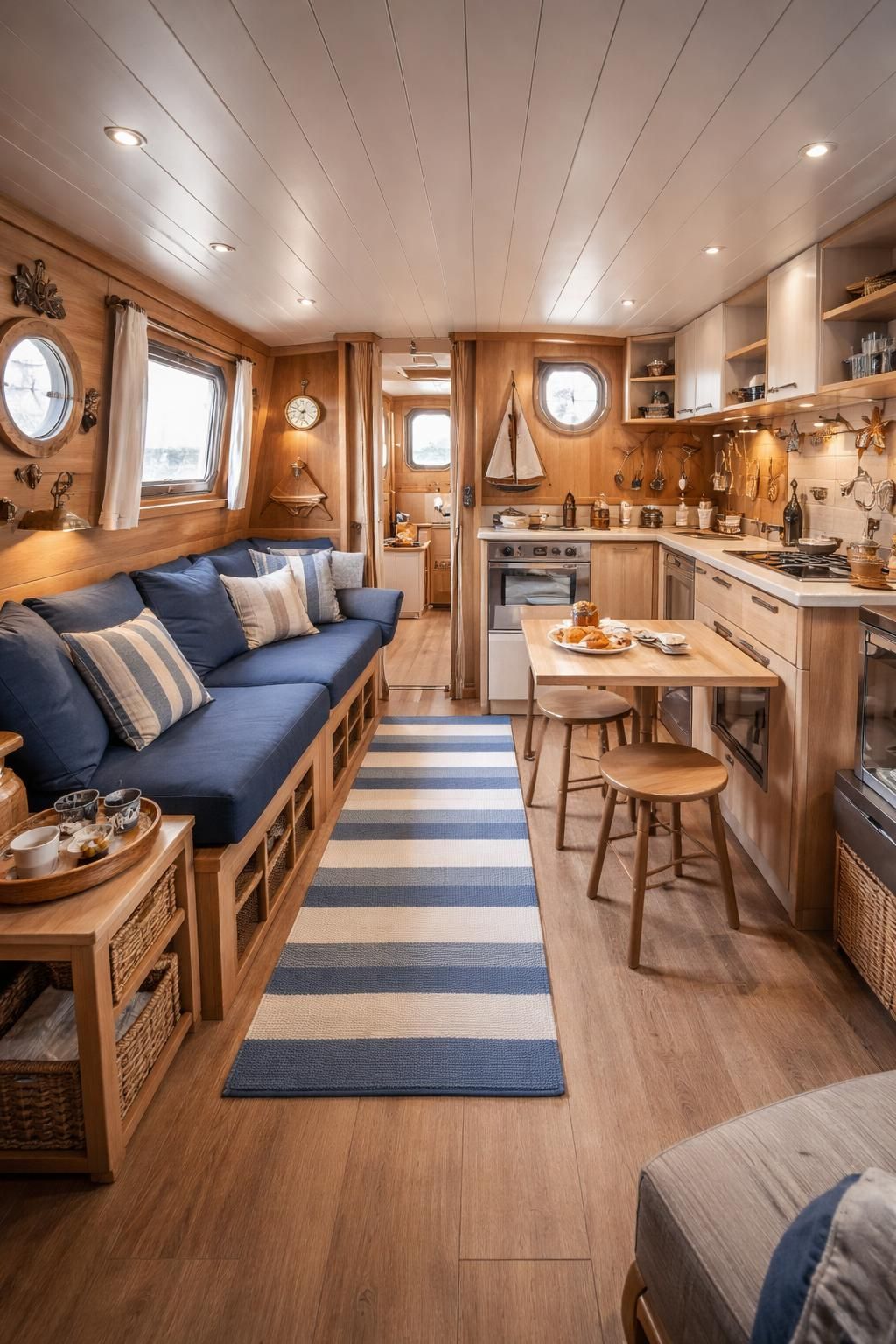 optimisez l'espace de votre péniche avec des meubles gain de place et créez une atmosphère chaleureuse grâce à une décoration nautique élégante et confortable.