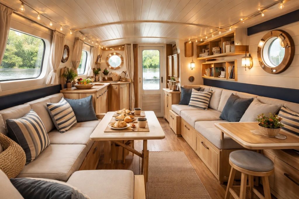 optimisez votre péniche avec des meubles gain de place et une décoration nautique pour créer un espace chaleureux et convivial.
