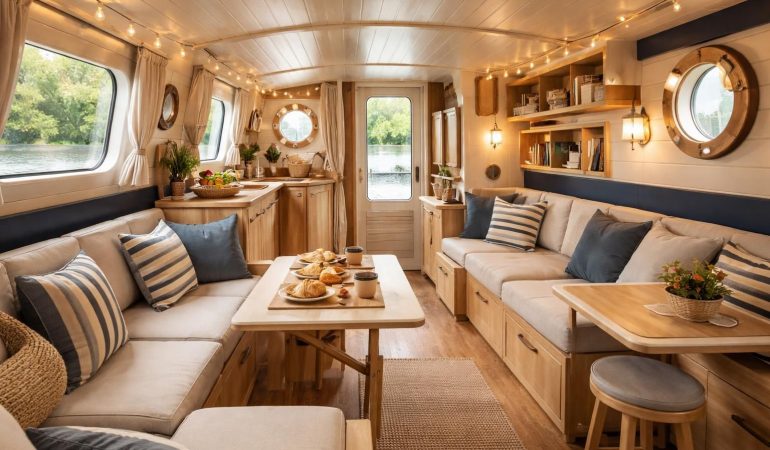 optimisez votre péniche avec des meubles gain de place et une décoration nautique pour créer un espace chaleureux et convivial.